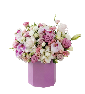 kutuda çiçek, lila gül aranjmanı,orkide tasarım,altıgen kutu