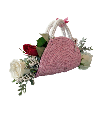 örgü çiçek çantası, gül aranjmanı, tasarım çiçek, hediyelik
