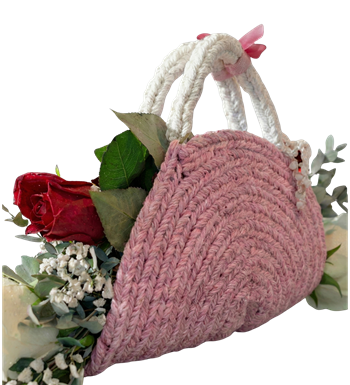 örgü çiçek çantası, gül aranjmanı, tasarım çiçek, hediyelik