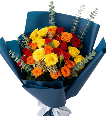 renkli gül buketi, modern çiçek, turuncu sarı gül, aranjman