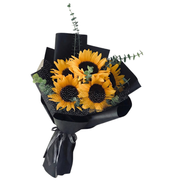 ayçiçeği buketi,siyah paket çiçek,tasarım çiçek,ayçiçeği al
