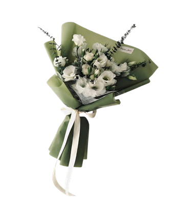 beyaz lisyantus,modern buket,tasarım çiçek,sage green,çiçek