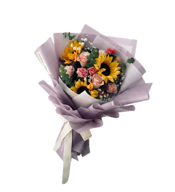 ayçiçeği buketi,pembe gül,tasarım çiçek,lila buket,çiçek al