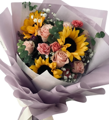 ayçiçeği buketi,pembe gül,tasarım çiçek,lila buket,çiçek al