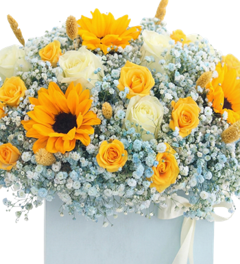 kutuda ayçiçeği,sarı gül,tasarım çiçek,çiçek siparişi,hediye