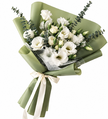 beyaz lisyantus,modern buket,tasarım çiçek,sage green,çiçek
