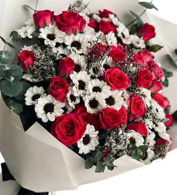 kırmızı gül buketi, papatya aranjman, sevgiliye çiçek,