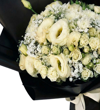 siyah buket, beyaz lisyantüs, modern çiçek, gül, krc cicek