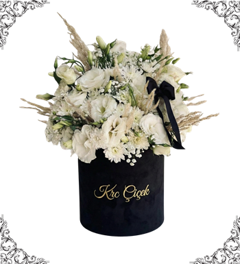 siyah silindir kutu, beyaz gül, çiçek, krc çiçek