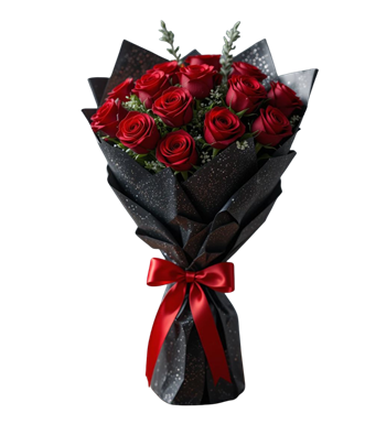 kırmızı gül, modern buket, siyah kağıtta gül, çiçek siparişi