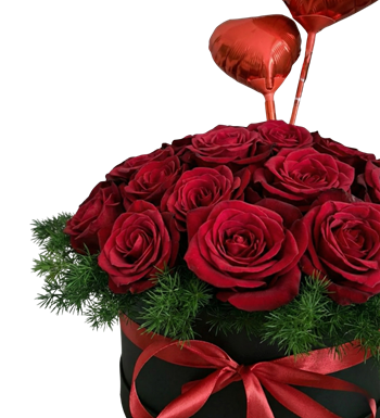 kutuda güller, kalpli balon, kırmızı gül buketi