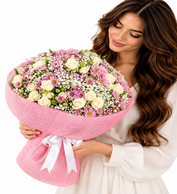 beyaz gül, pembe papatya, çiçek siparişi, hediye, krc çiçek