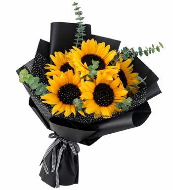 ayçiçeği buketi,siyah paket çiçek,tasarım çiçek,ayçiçeği al