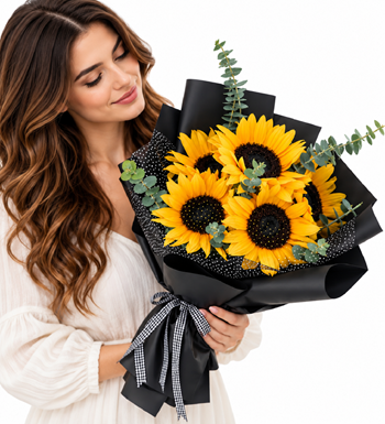 ayçiçeği buketi,siyah paket çiçek,tasarım çiçek,ayçiçeği al