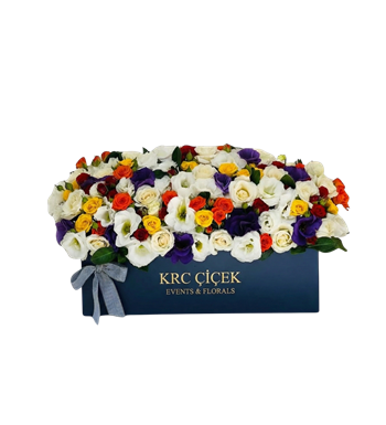 kutu çiçek,karışık gül,lisianthus,renkli aranjman,krc çiçek