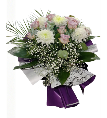 lila gül buketi, beyaz krizantem, tasarım çiçek, mor çiçek