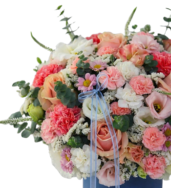 mavi kutu çiçek, gül aranjmanı, lisyantus, çiçek siparişi