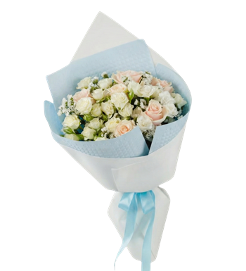 mavi beyaz gül buketi, modern çiçek aranjmanı, krc çiçekleri