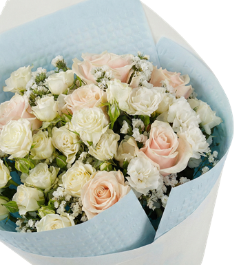 mavi beyaz gül buketi, modern çiçek aranjmanı, krc çiçekleri