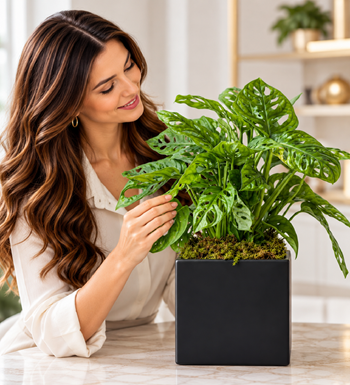 monstera, maymun maskesi, siyah saksı, hediye bitki