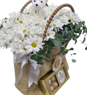 papatya buketi, örgü çanta çiçek, hediyelik çiçek, çikolata