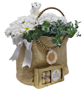 papatya buketi, örgü çanta çiçek, hediyelik çiçek, çikolata