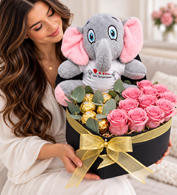 pembe gül, peluş fil hediye, çikolatalı çiçek, kalp kutu