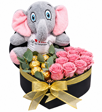 pembe gül, peluş fil hediye, çikolatalı çiçek, kalp kutu