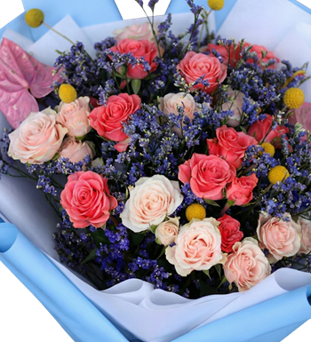 turkuaz buket,pembe gül,modern çiçek,tasarım buket,gül al