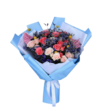 turkuaz buket,pembe gül,modern çiçek,tasarım buket,gül al